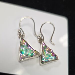 925 Sterling Silver Triangle Earrings with Iridescent Pink Green Inlay